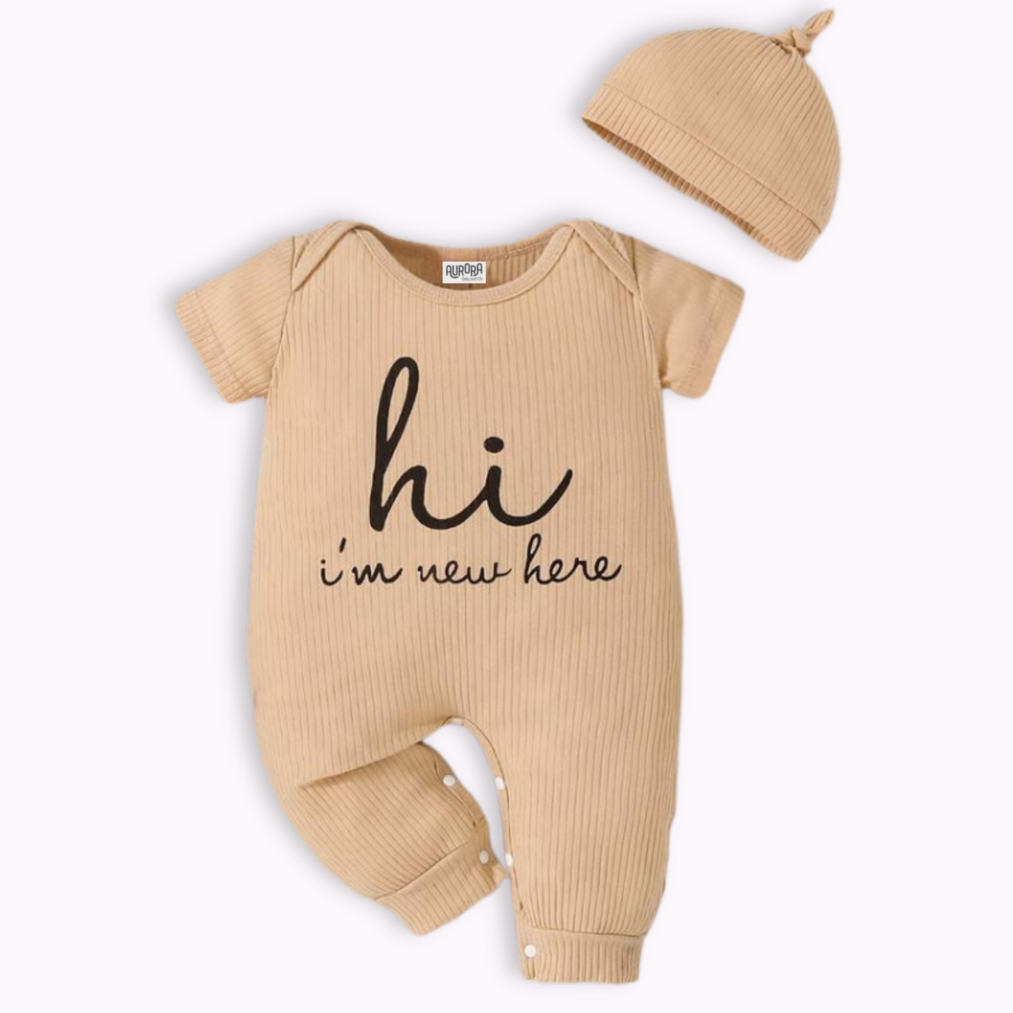 I'M NEW HERE SLEEPSUIT . 2 Piece Set. Apricot