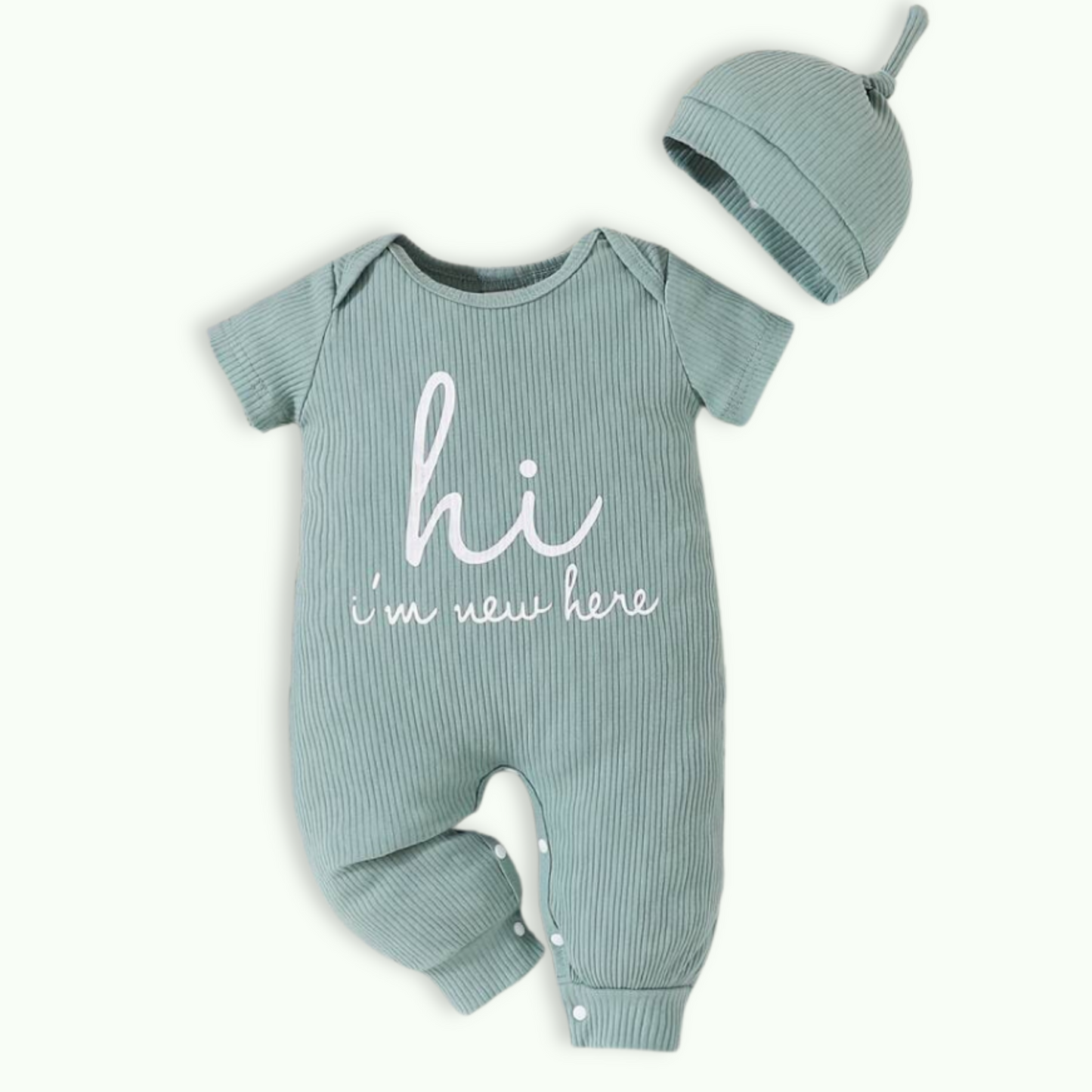 I'M NEW HERE SLEEPSUIT . 2 Piece Set . Mint Green